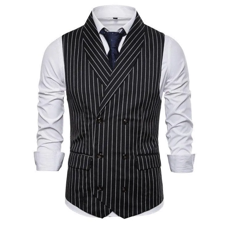Mens Waistcoat Stripe Plaid Formal Suit Vest Men Casual Double Breasted Sleeveless Gilet Male Business Formal Dress Vest