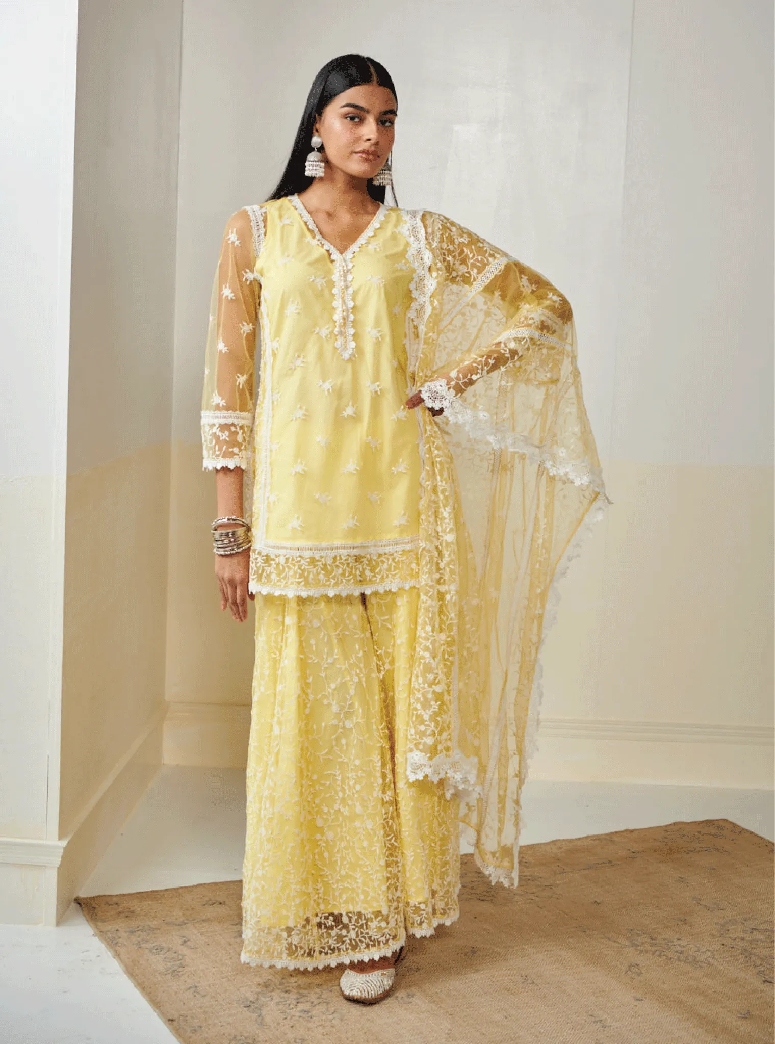 Mulmul Net Odyssey Yellow Kurta With Odyssey Yellow Sharara