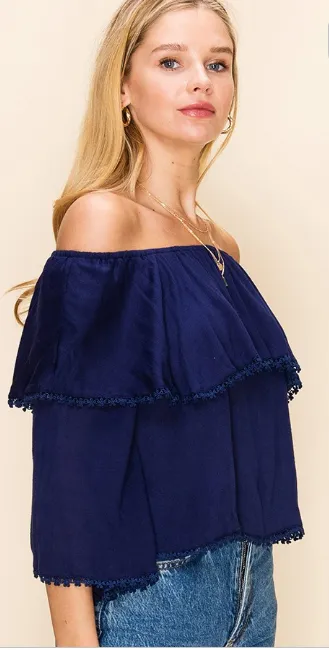 Navy Boho  Lace Trim Top