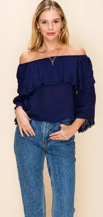 Navy Boho  Lace Trim Top