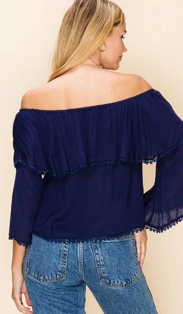 Navy Boho  Lace Trim Top