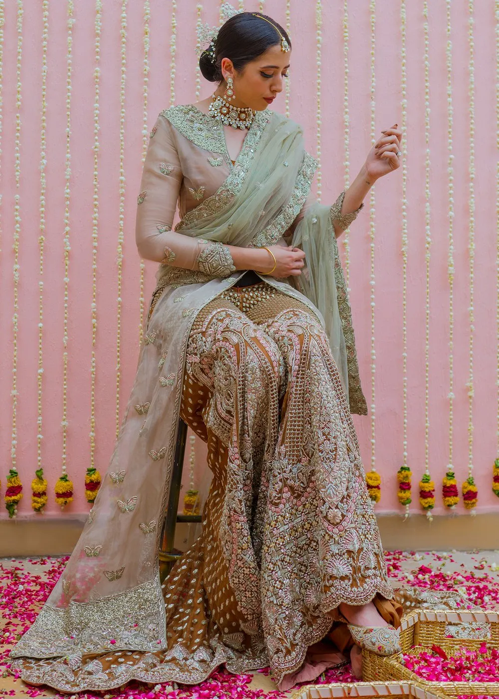 Net embroidered bridal outfit in rust orange color for wedding wear # B3414