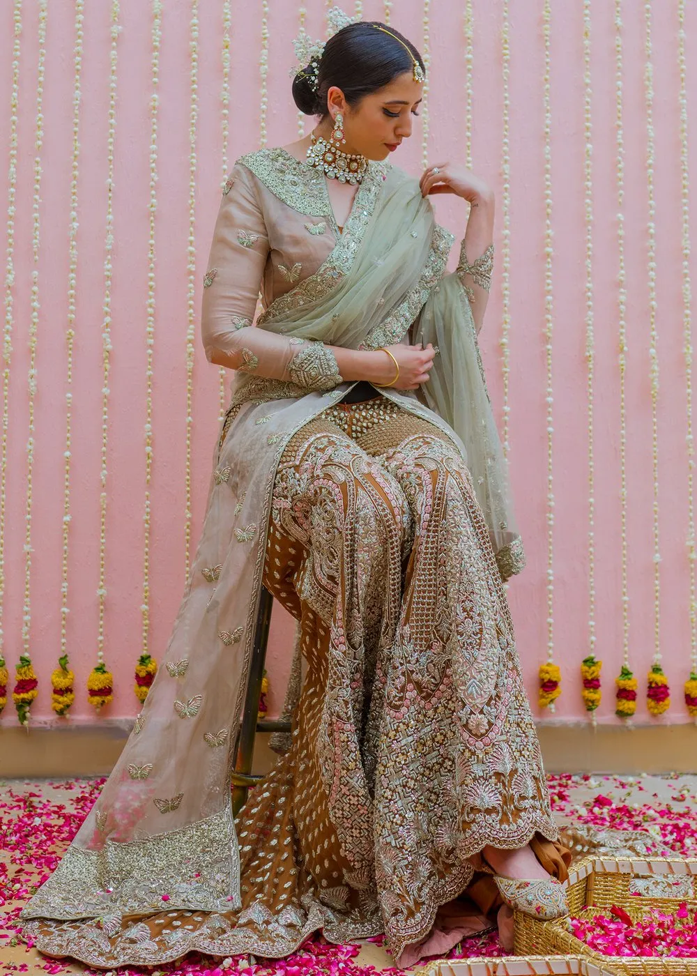 Net embroidered bridal outfit in rust orange color for wedding wear # B3414