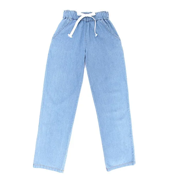 New Plus size comfortable Washed blue loose wide leg denim pants women's jeans elastic waist cowboy full long trousers pants