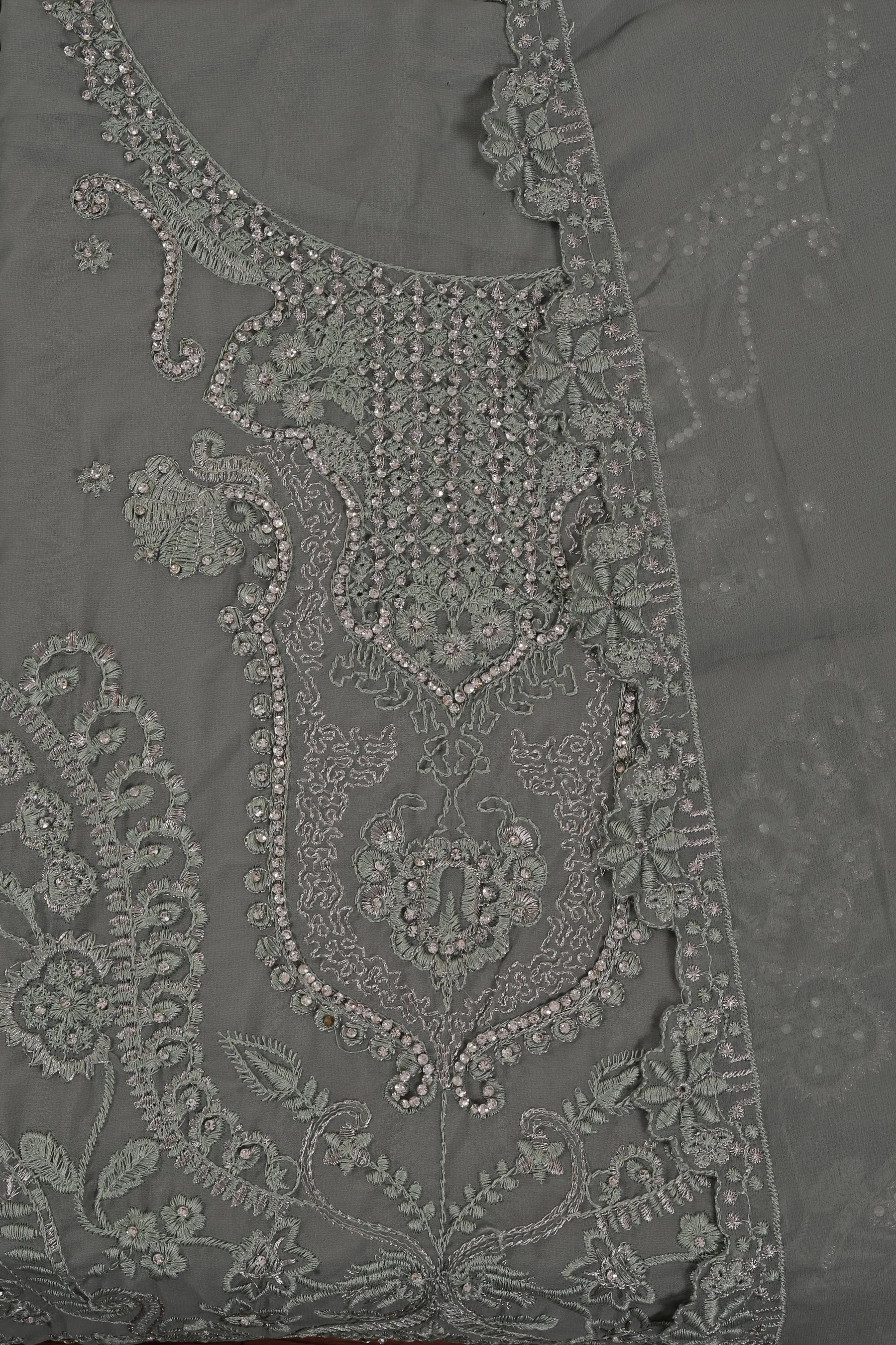 Olive Heavy Embroidered Poly Georgette Dress Material with Dupatta