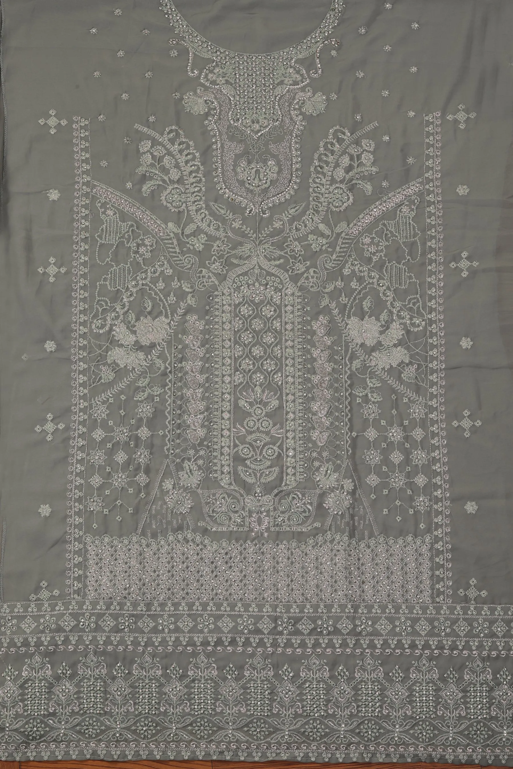 Olive Heavy Embroidered Poly Georgette Dress Material with Dupatta