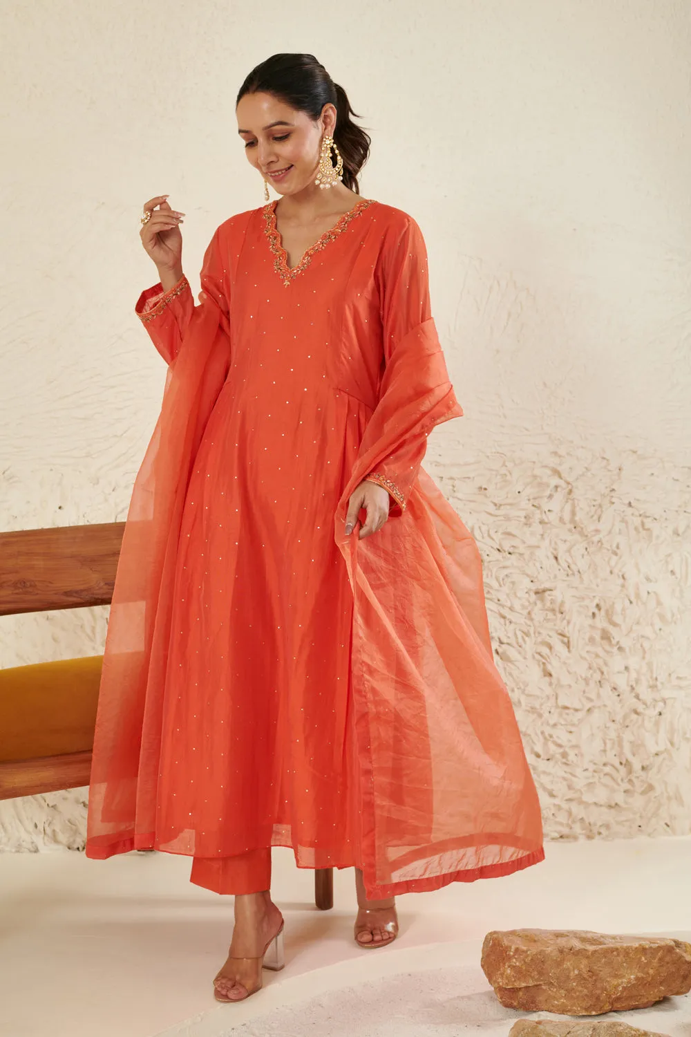 Orange Embroidered Kurta Set