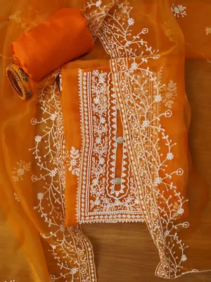 Orange Unstitched Embroidered Organza Dress Material With Dupatta