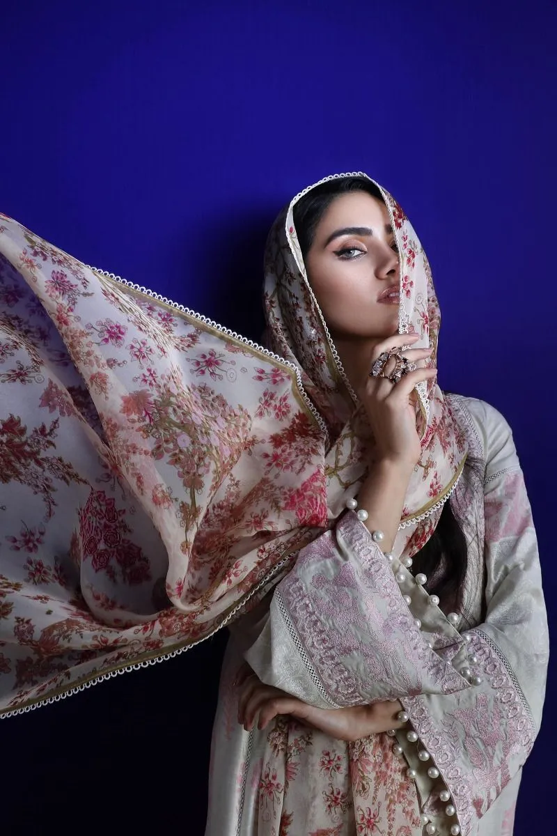 Pakistani embroidered slub outfit for casual wear in silver grey color # P2400