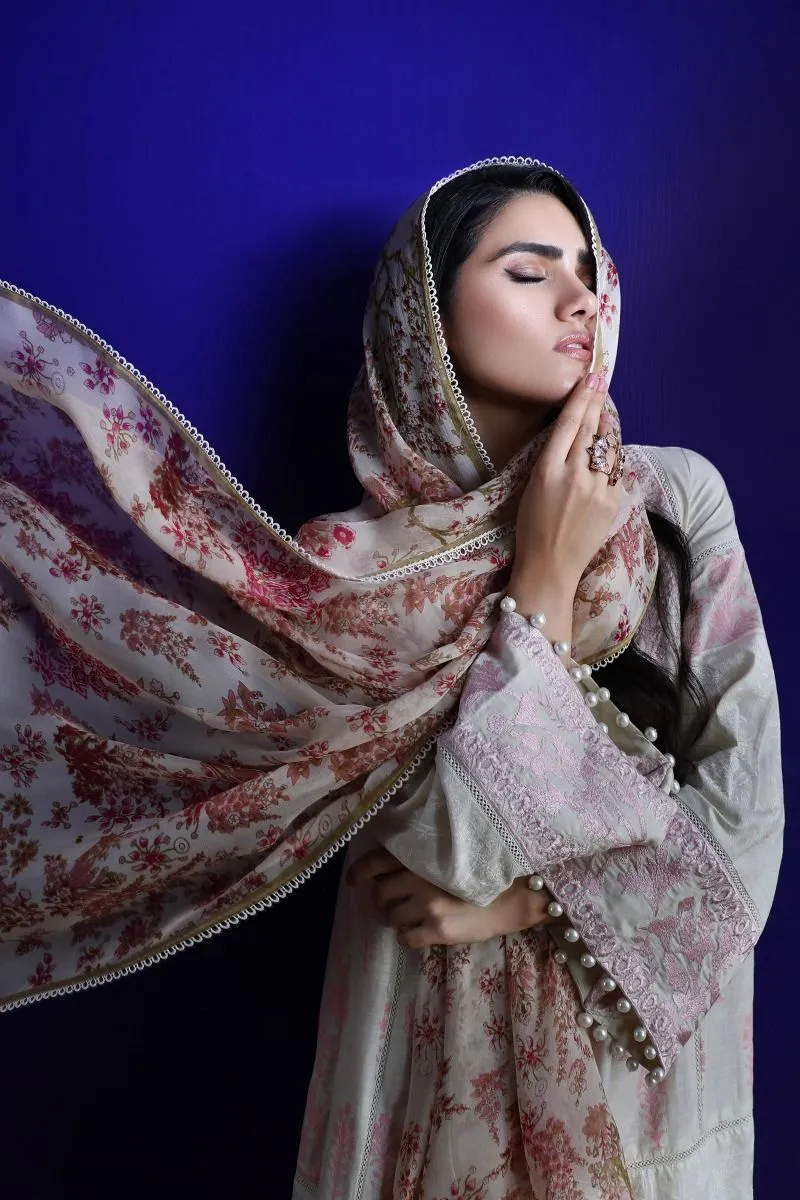 Pakistani embroidered slub outfit for casual wear in silver grey color # P2400