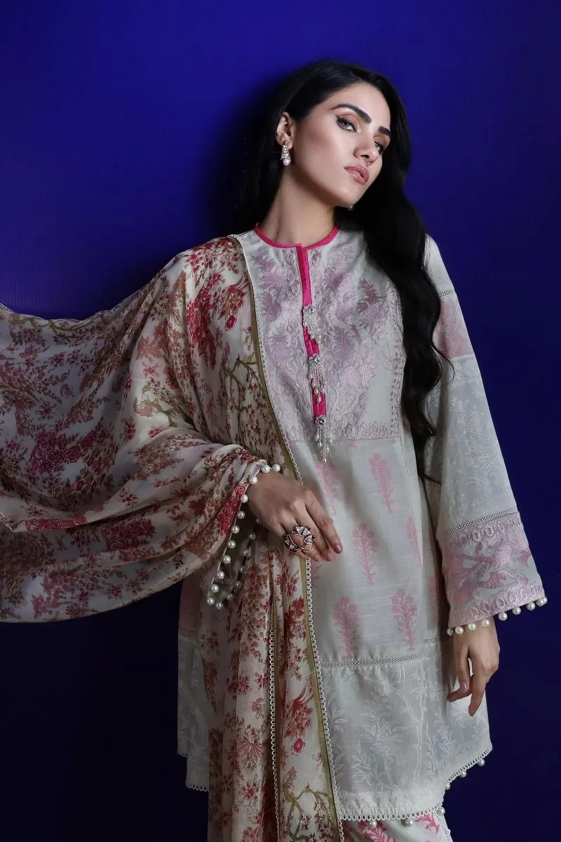Pakistani embroidered slub outfit for casual wear in silver grey color # P2400