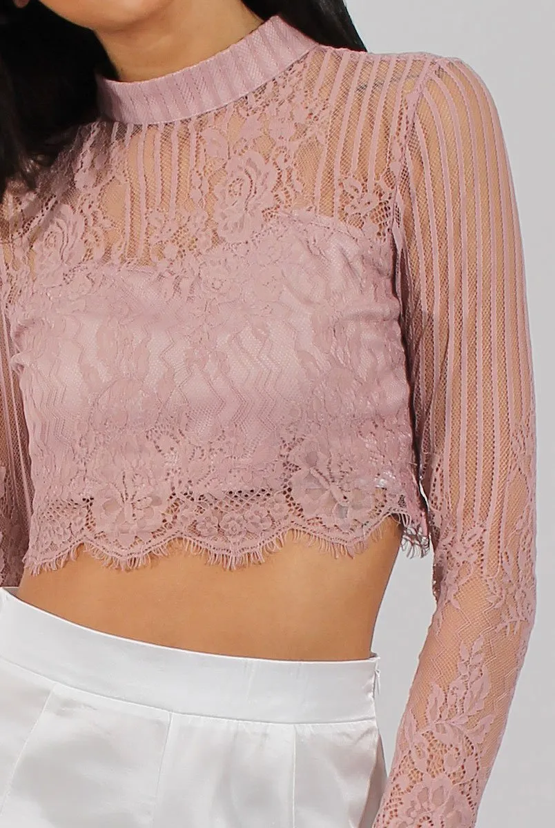 Pink Lace High Neck Crop Top - Luanne