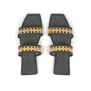 Provence-Black Leather Double Band Slides