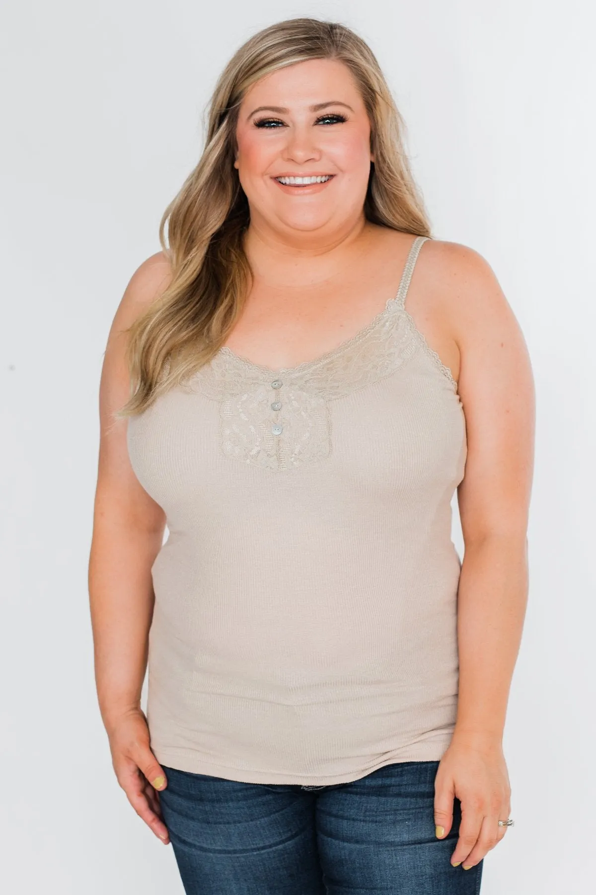 Pulse Basics Lace Trim Button Tank- Neutral