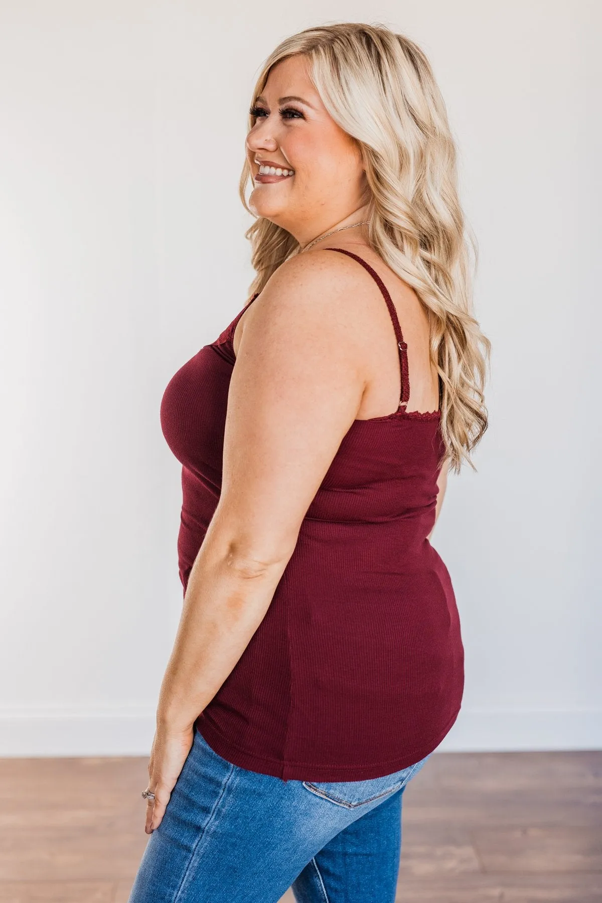 Pulse Basics Lace Trimmed Tank Top- Burgundy
