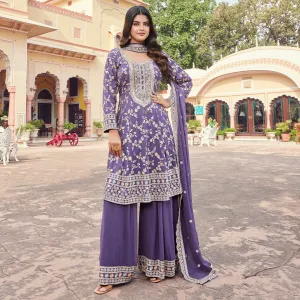 Purple Embroidered Short Anarkali Palazzo Set