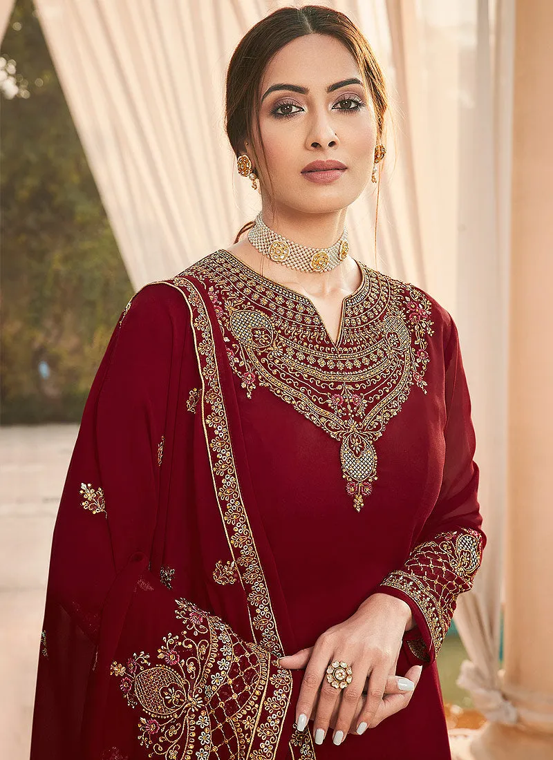 Red Embroidered Churidar Suit