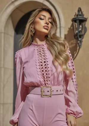 ROSAURA BABY PINK CROCHET LACE JUMPSUIT – FEMININE LONG-SLEEVE WIDE-LEG ONE-PIECE
