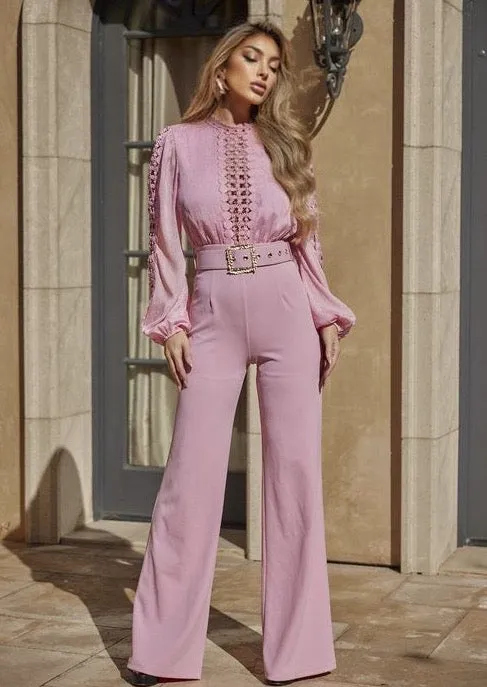 ROSAURA BABY PINK CROCHET LACE JUMPSUIT – FEMININE LONG-SLEEVE WIDE-LEG ONE-PIECE