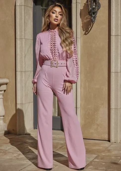 ROSAURA BABY PINK CROCHET LACE JUMPSUIT – FEMININE LONG-SLEEVE WIDE-LEG ONE-PIECE