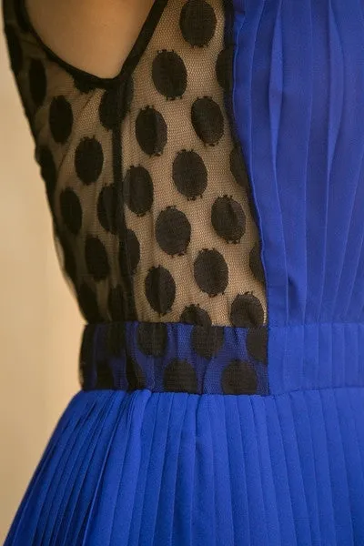 Royal Blue Lace Mesh Pleated Dress Short See Through Back Wide Strap
