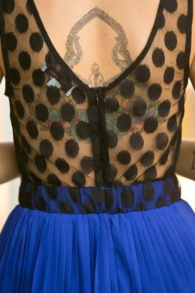 Royal Blue Lace Mesh Pleated Dress Short See Through Back Wide Strap