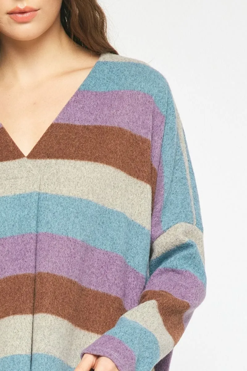 SALE- Asher Block Stripe Vneck Pullover in Blue   Purple Mix