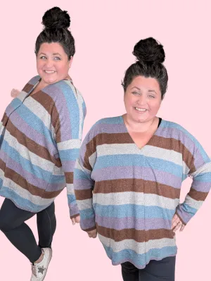SALE- Asher Block Stripe Vneck Pullover in Blue   Purple Mix