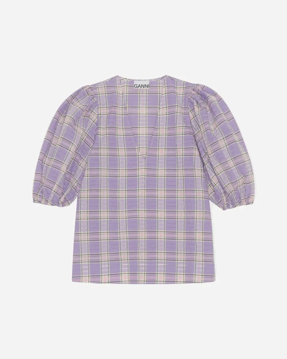 Seersucker Check V-neck Blouse - Check Persian Violet