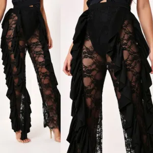 Sexy Women Beach High Waist Pants New 2018 Mesh Lace Ruffles Sheer Wide Leg Pants Hot Sale Ladies Sexy Bikini Cover Up Trousers