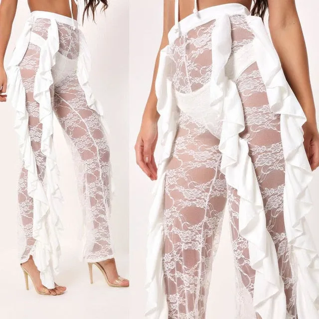 Sexy Women Beach High Waist Pants New 2018 Mesh Lace Ruffles Sheer Wide Leg Pants Hot Sale Ladies Sexy Bikini Cover Up Trousers