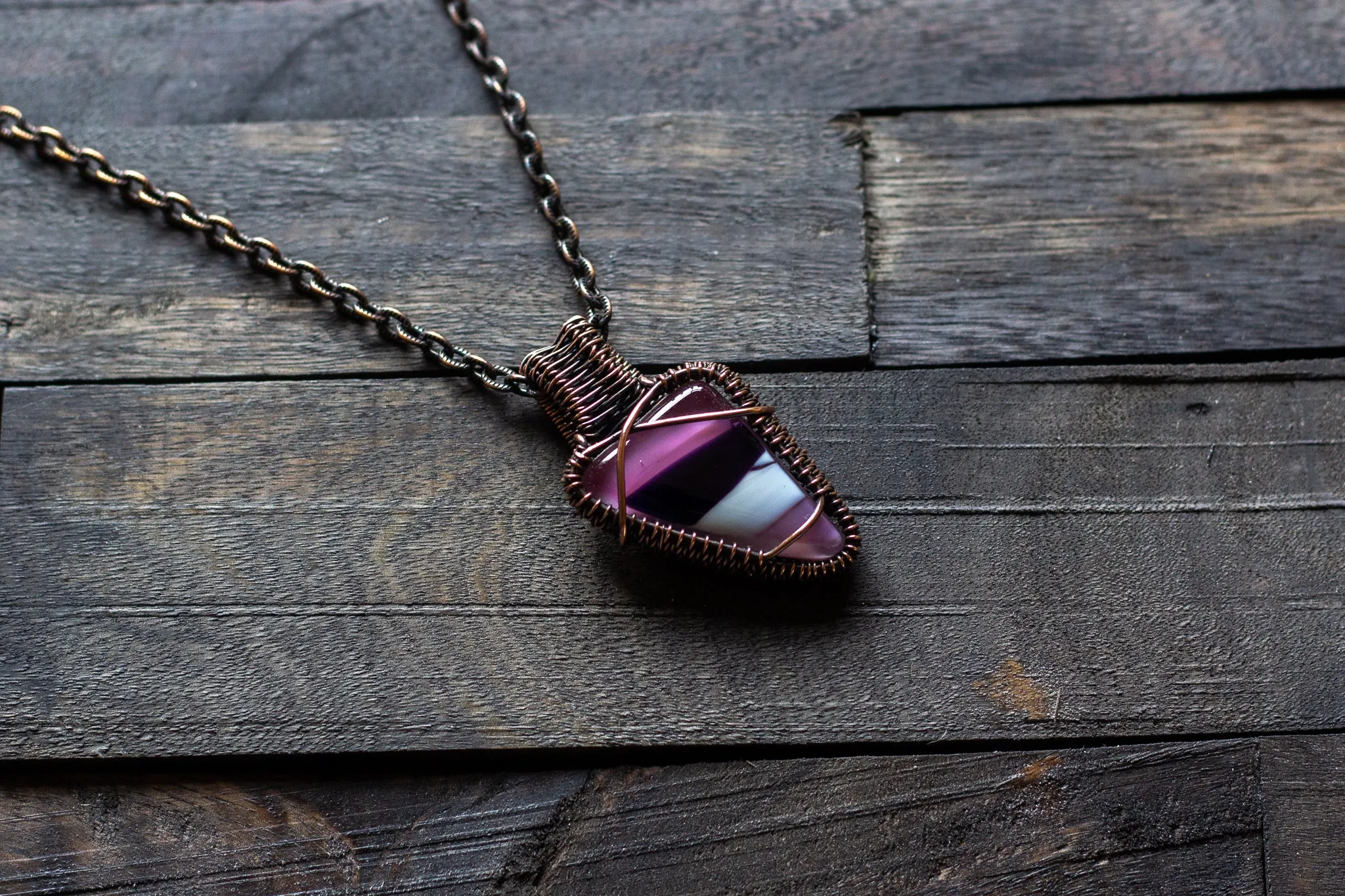 Shades of Purple and Cream Fused Glass Pendant with Copper Wire Wrapping