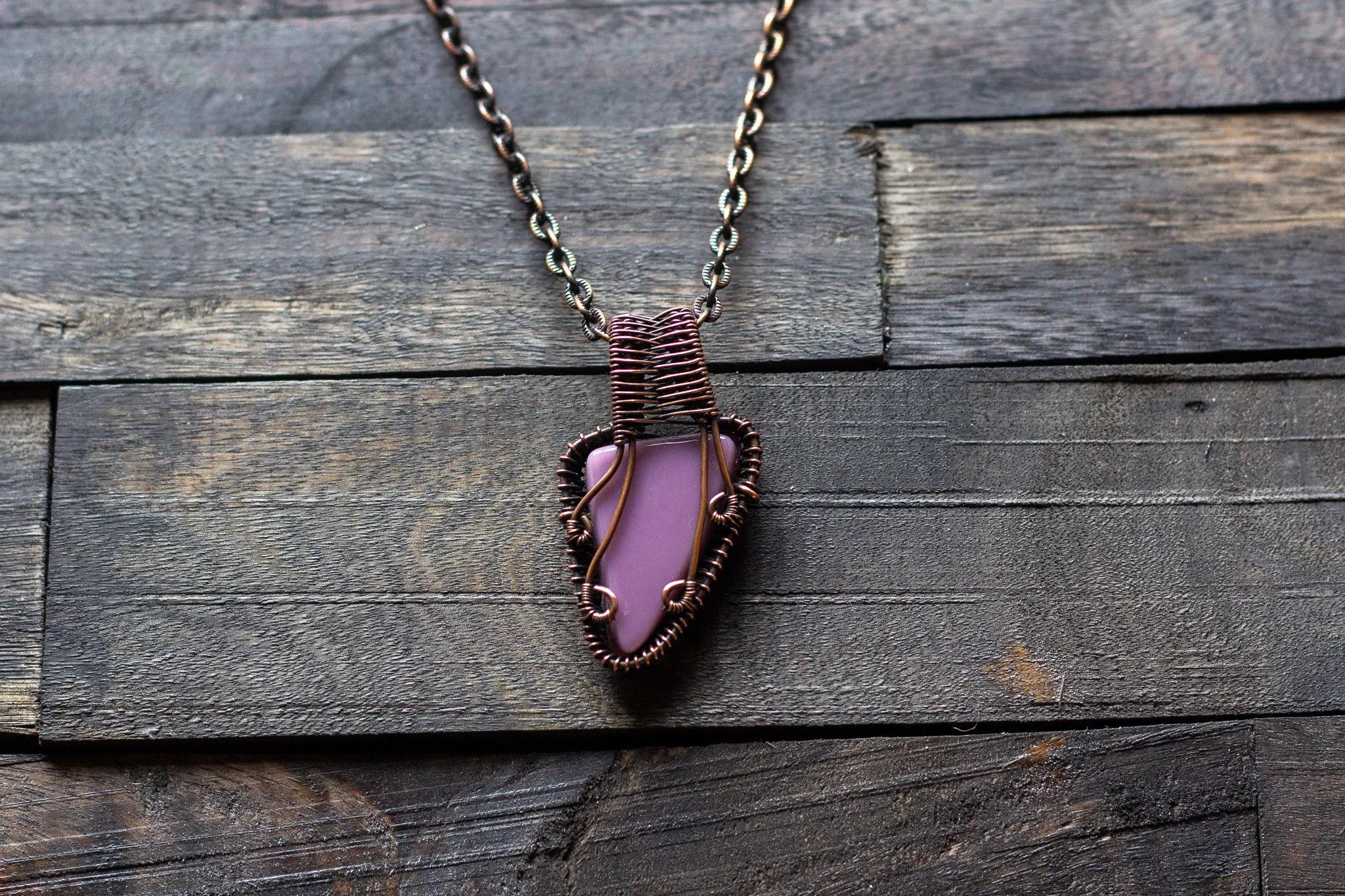 Shades of Purple and Cream Fused Glass Pendant with Copper Wire Wrapping