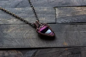 Shades of Purple and Cream Fused Glass Pendant with Copper Wire Wrapping