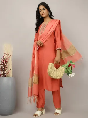 Silk Blend Coral Embroidered Suit Set