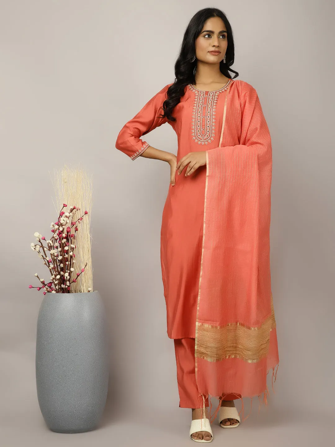 Silk Blend Coral Embroidered Suit Set
