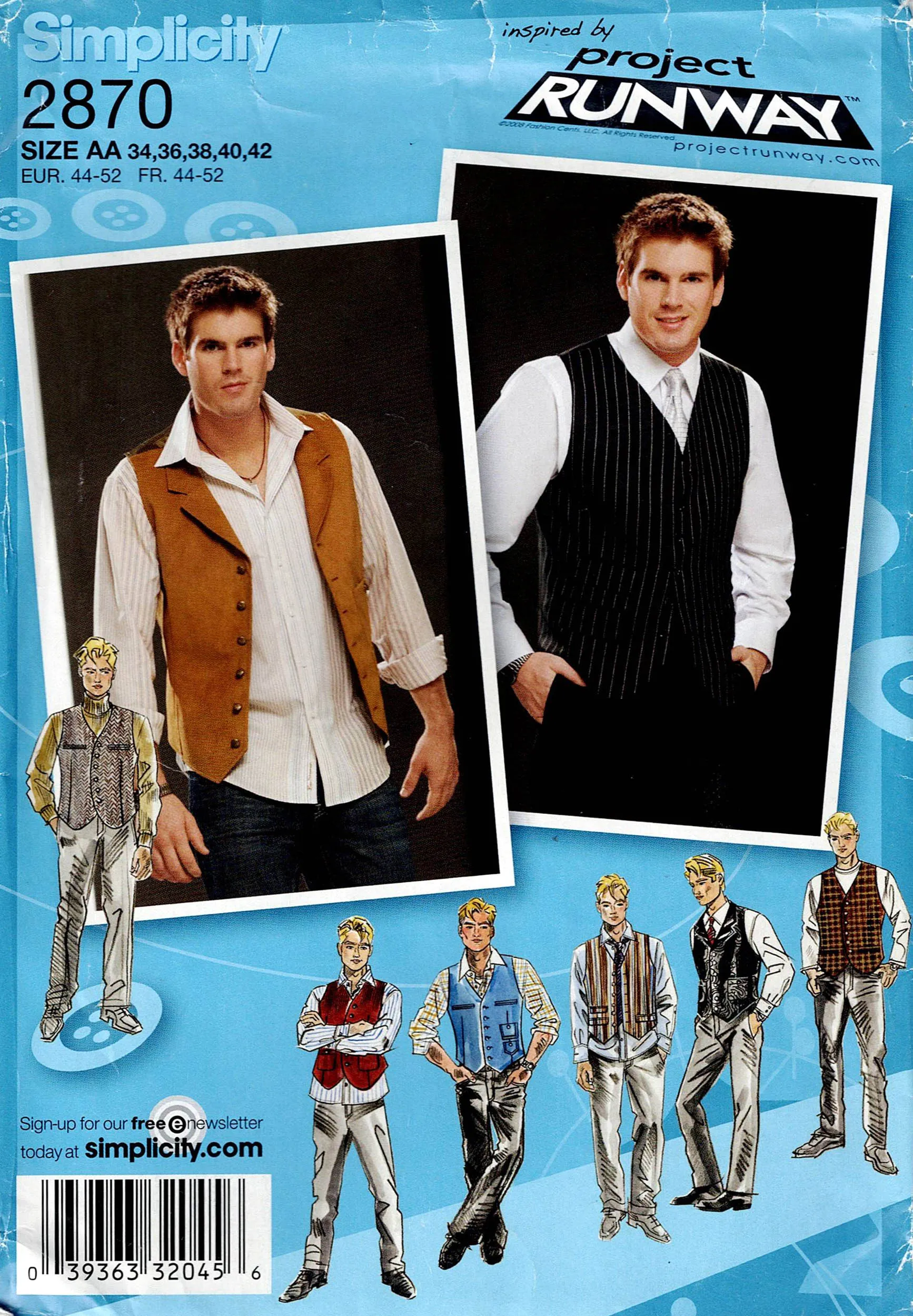Simplicity 2870 PROJECT RUNWAY Mens Casual or Formal Vests Out Of Print Sewing Pattern Size XS - XL UNCUT Factory Folded