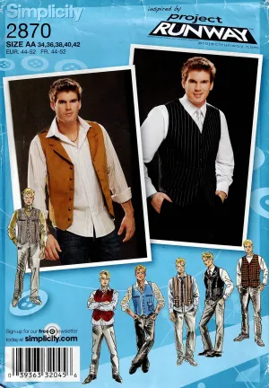 Simplicity 2870 PROJECT RUNWAY Mens Casual or Formal Vests Out Of Print Sewing Pattern Size XS - XL UNCUT Factory Folded