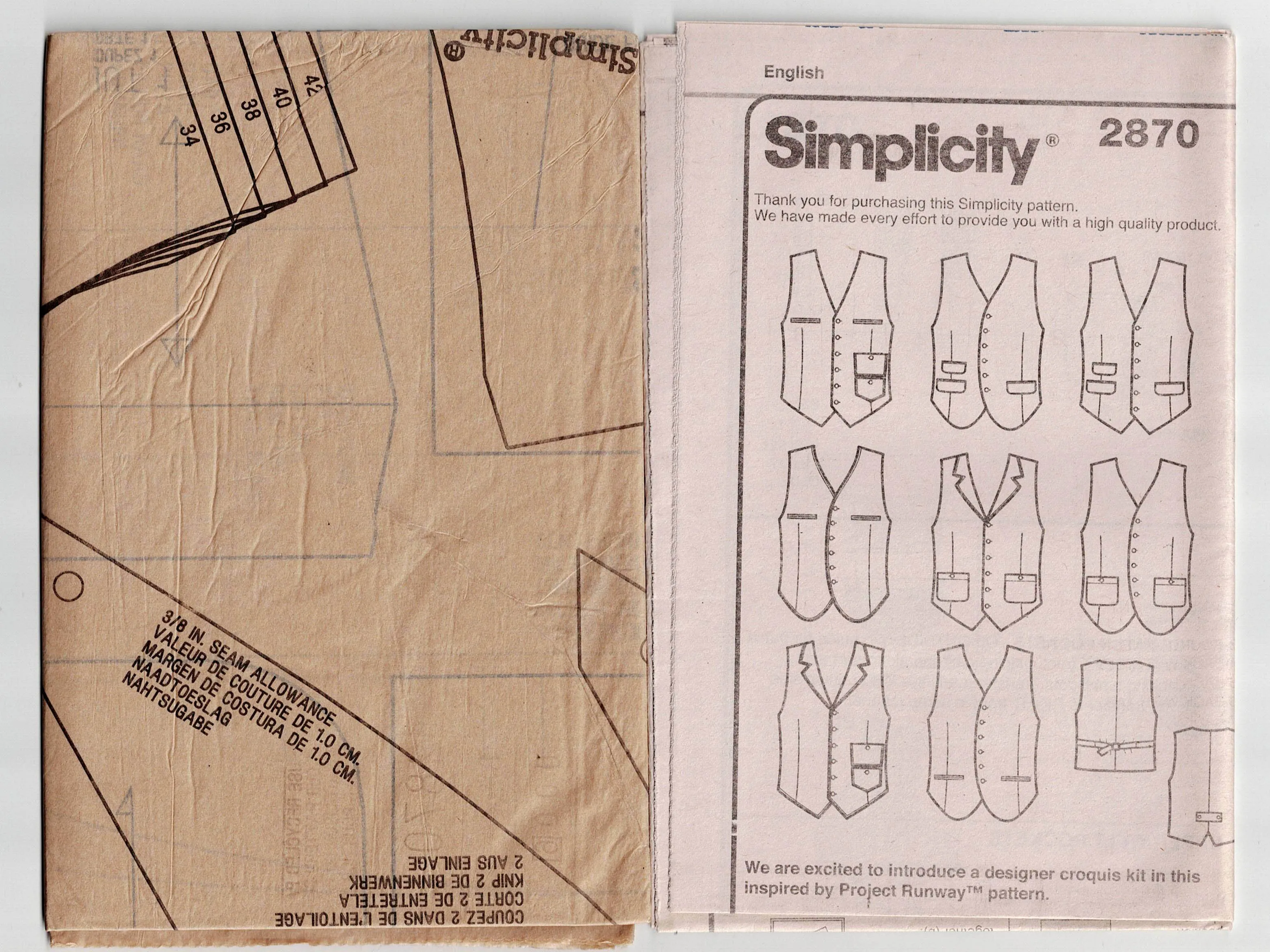 Simplicity 2870 PROJECT RUNWAY Mens Casual or Formal Vests Out Of Print Sewing Pattern Size XS - XL UNCUT Factory Folded