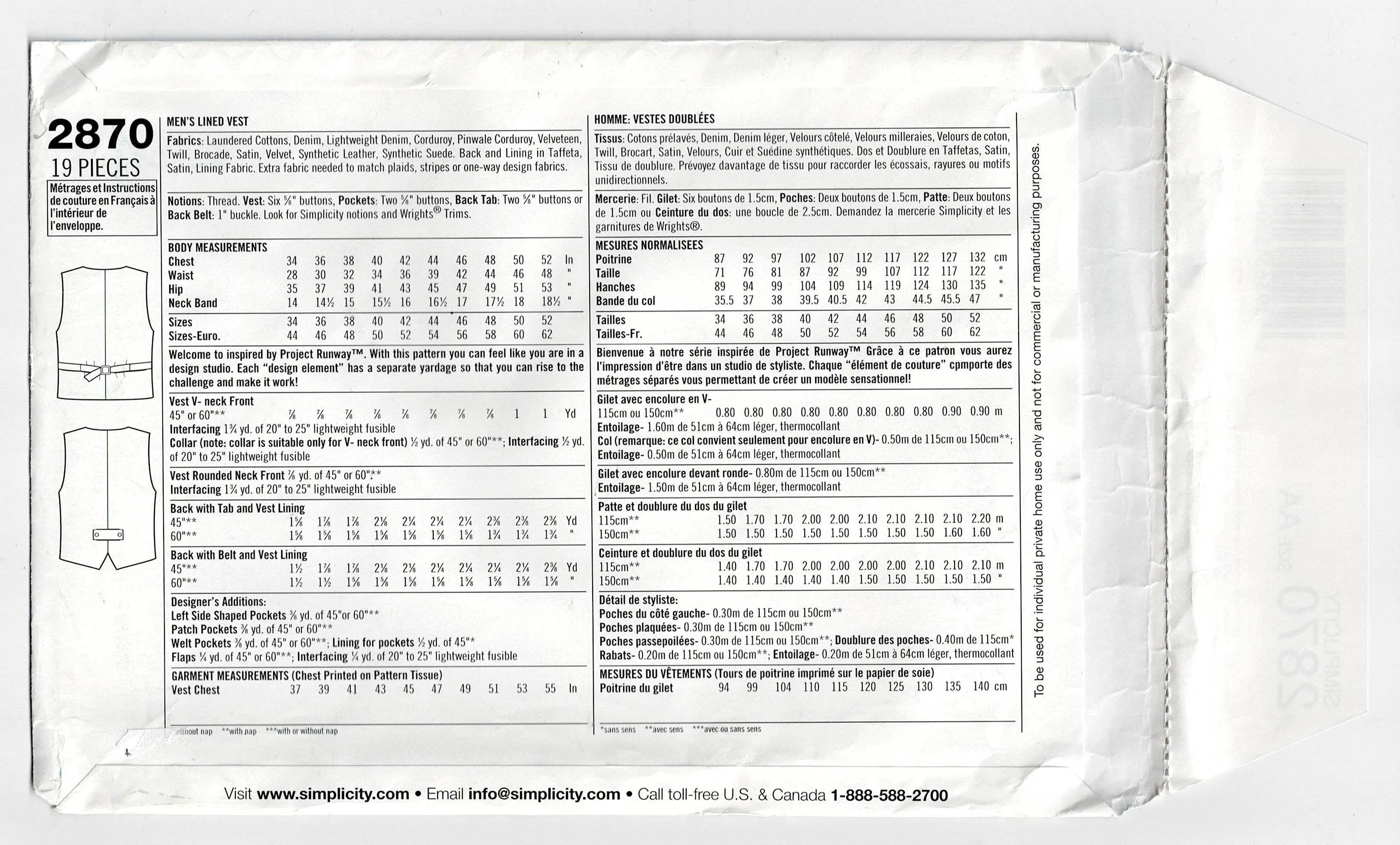 Simplicity 2870 PROJECT RUNWAY Mens Casual or Formal Vests Out Of Print Sewing Pattern Size XS - XL UNCUT Factory Folded