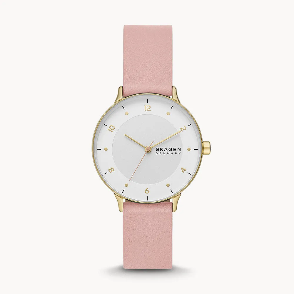 SKAGEN RIIS THREE-HAND BLUSH LEATHER WATCH