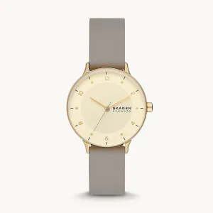 SKAGEN RIIS THREE-HAND GREYSTONE LEATHER WATCH