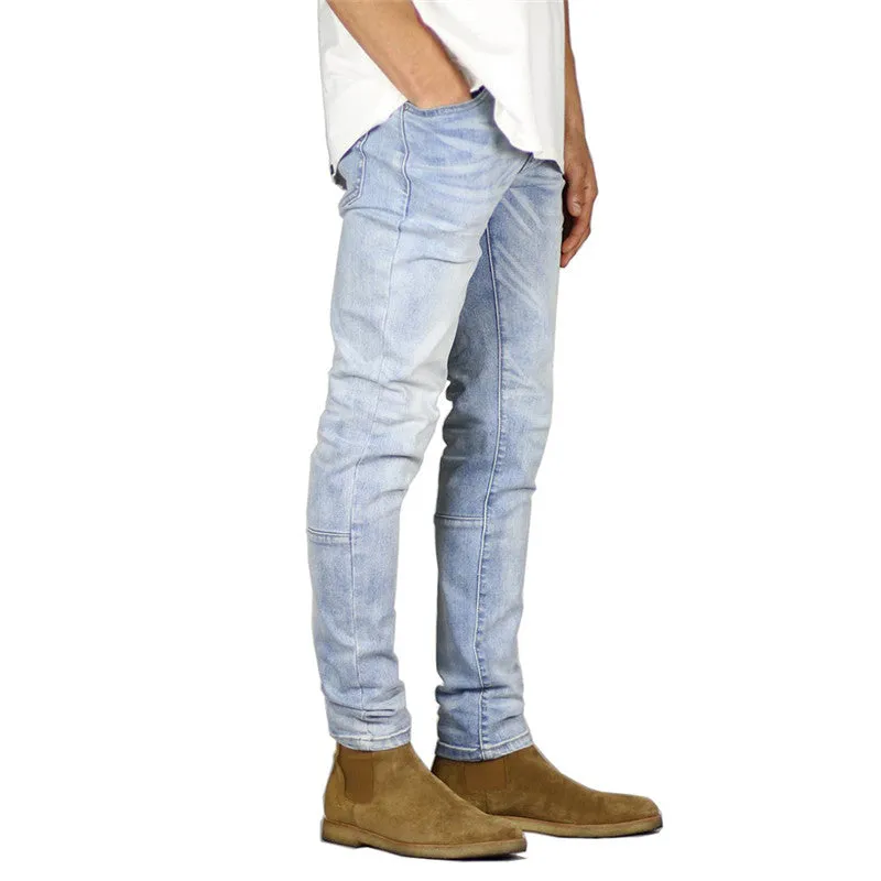 Slim Fit Men's Jeans Washed Mid Waisted Elasticity Straight Pants