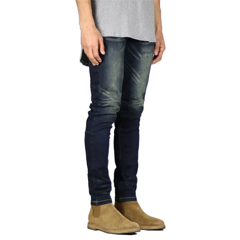 Slim Fit Men's Jeans Washed Mid Waisted Elasticity Straight Pants