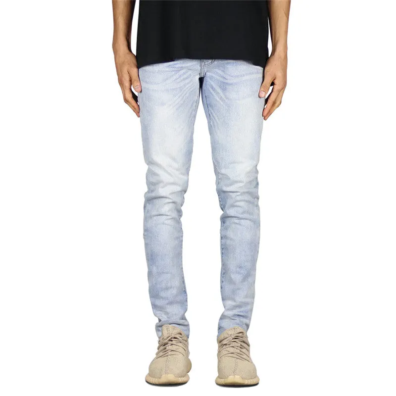 Slim Fit Men's Jeans Washed Mid Waisted Elasticity Straight Pants
