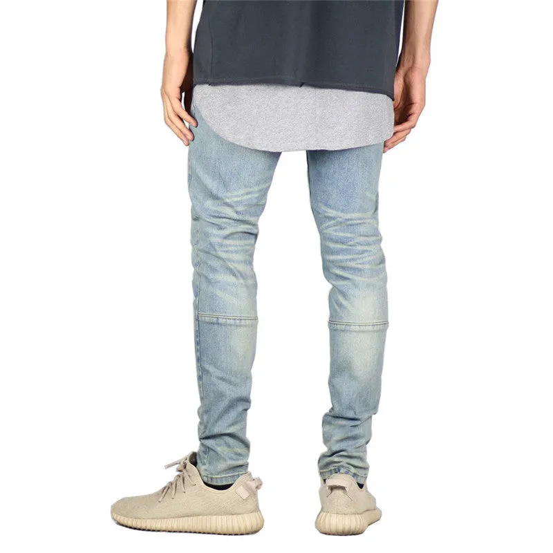 Slim Fit Men's Jeans Washed Mid Waisted Elasticity Straight Pants