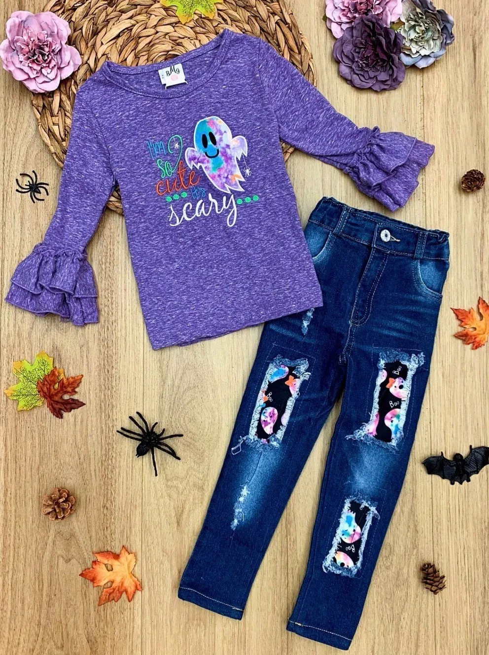 So Cute It's Scary Top and Patched Jeans Set