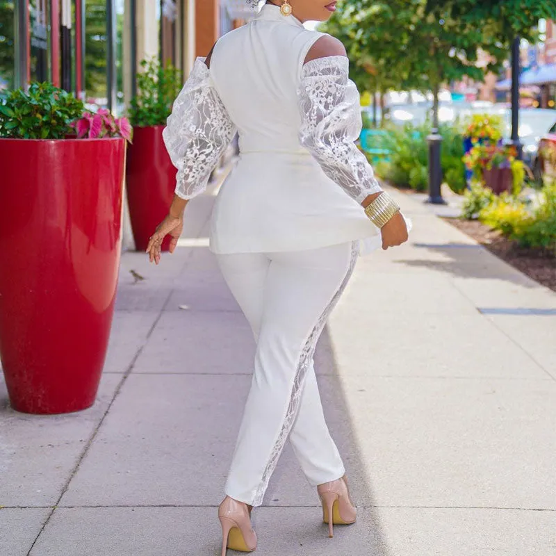 Solid One Shoulder Ruffle Design Lace Top & Pants Set
