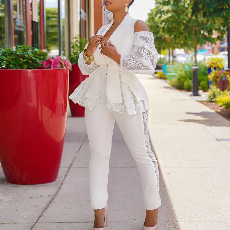 Solid One Shoulder Ruffle Design Lace Top & Pants Set