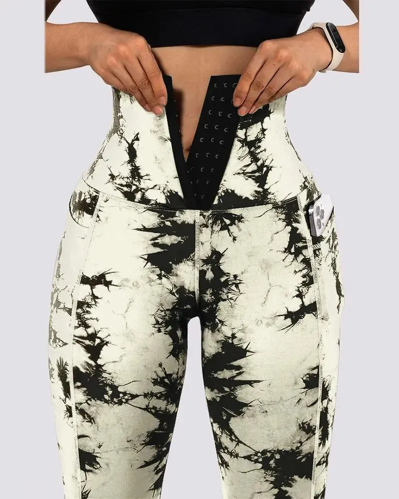 Sports Patchwork Pocket Tie-dye Leggings